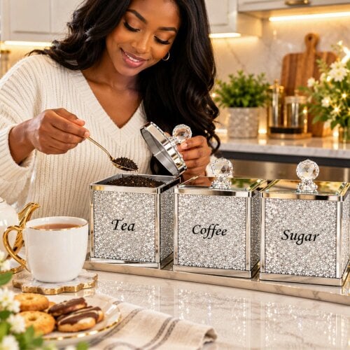 smartbies 3 Piece Tea Coffee Sugar Canisters Set – Crushed Crystal Storage Jars with Mirrored Lids & Crystal Knobs – Luxury Kitchen Containers