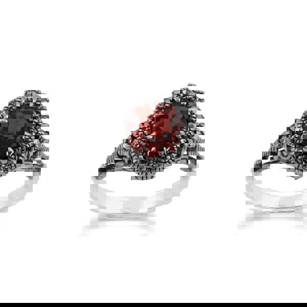 Art Nouveau Style Round Garnet & Marcasite Floral Stud Earrings & Ring Set in 925 Sterling Silver - Gemondo