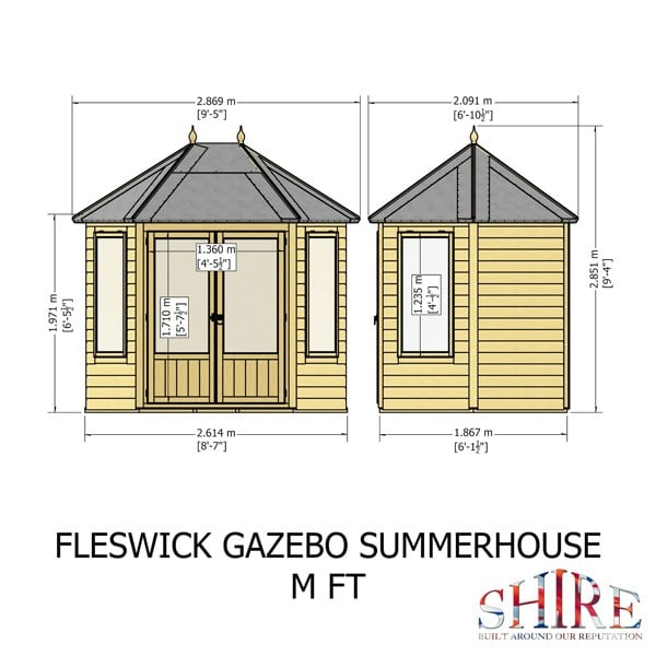 Shire Fleswick Hexagonal Gazebo Summerhouse 8x7 Double doors 12mm Cladding