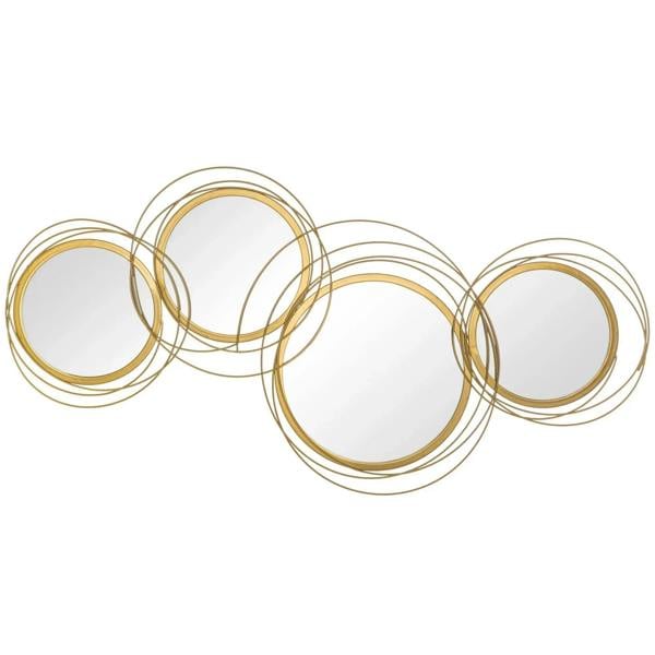 Gold-tone metal wall mirror set with five circular ring frames in modern wave layout