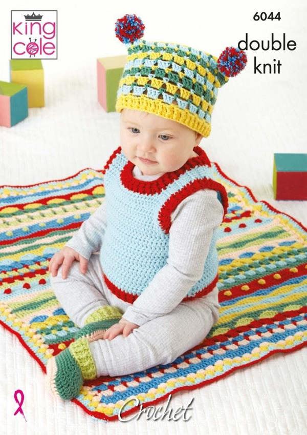 King Cole Cherished DK Crochet Pattern 6044, Tops, Slipovers, Headwear, Blankets, Shoes for Baby, 16 - 23 Inches