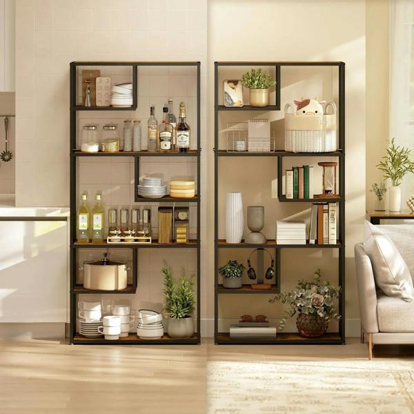 Industrial storage bookcase shelf set in room with black metal frame and rustic brown shelves