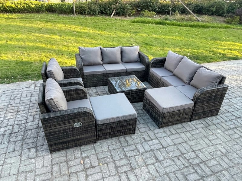 Fimous 10 Seater Outdoor Rattan Garden Furniture Set Conservatory Patio Sofa Coffee Table With 2 Big Footstool Dark Grey Mixed