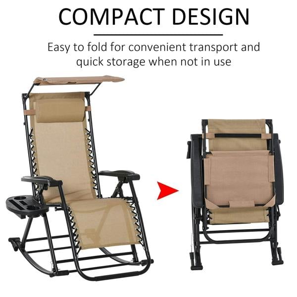 Beige folding rocking sun lounger chair shown folded compactly for storage