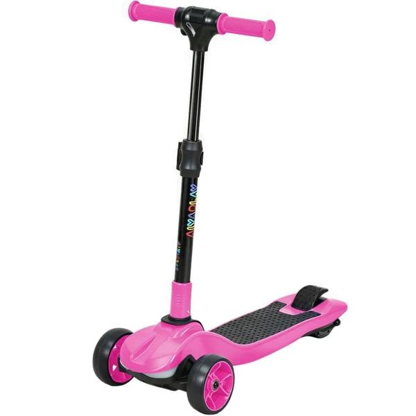 Pink three-wheel foldable electric scooter with black handlebars and pink deck