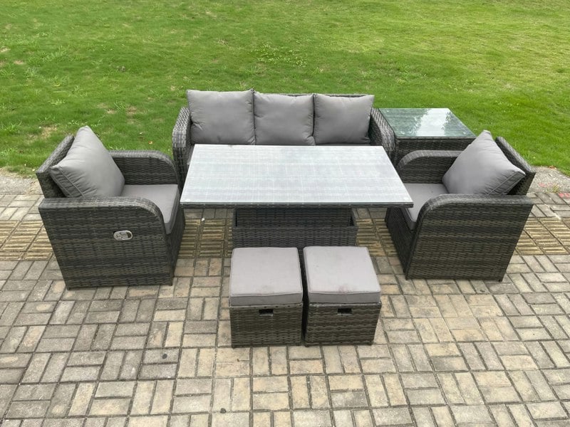 Fimous Wicker PE Rattan Outdoor Garden Furniture Set Height Adjustable Rising lifting Dining Table With Armchair Side Table 2 Small Footstools