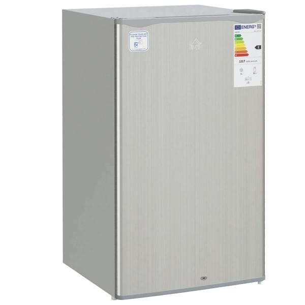 Grey freestanding under-counter fridge with lock, front door view