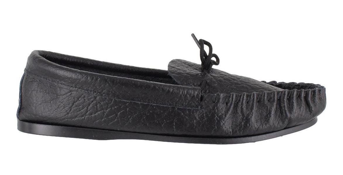 Northamptonshire Slipper Co. Men's British Hand Made Casual Leather Moccasins Slippers, black leather moccs with a soft, textured finish and lace detail.