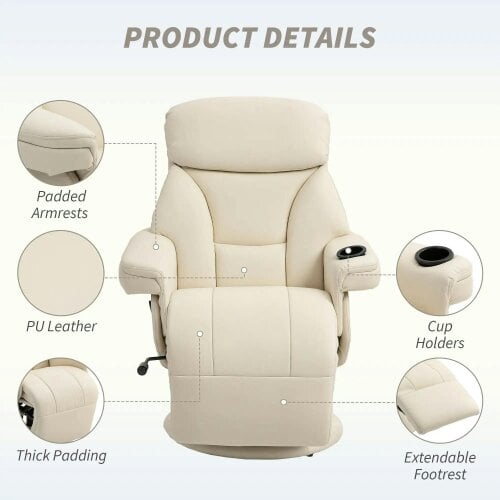 Bobobiy Manual Recliner Chair with Footrest, PU Leather Swivel Chair, Cream White