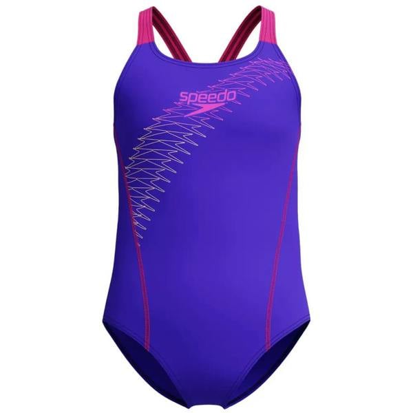 Purple pink Speedo Girls Medley Logo Medalist swimsuit with leaf design