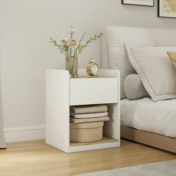 Modern Bedside Table, Slim Nightstand with Drawer, Shelf and Cable Holes, White and Oak