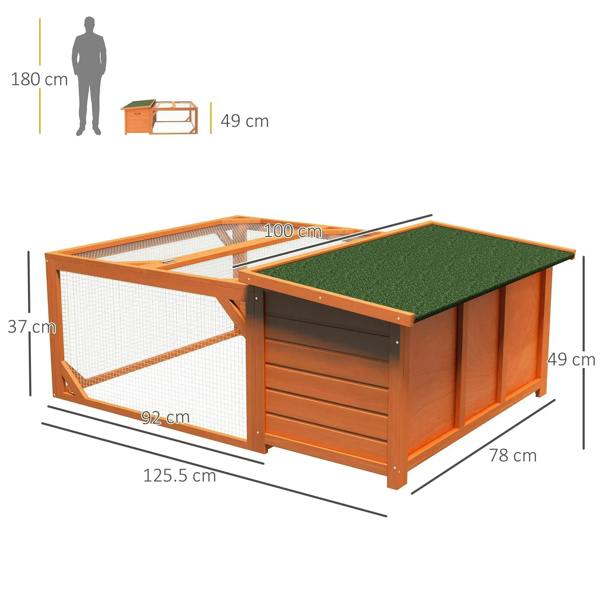 Orange small animal hutch with green turf roof, wire mesh enclosure and front ramp