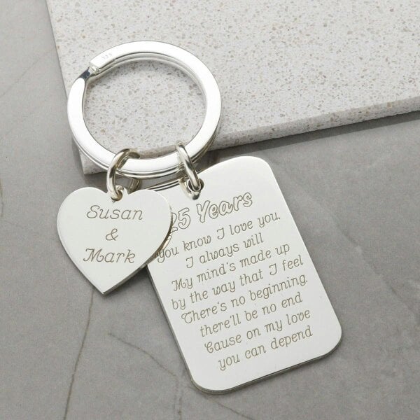 Christopher James of London Sterling Silver Personalised Heart and Tag Anniversary Keyring with Optional Engraving