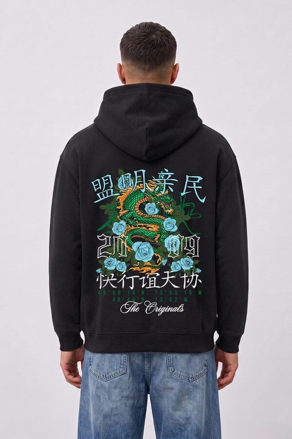 London Attitude Relaxed Fit Dragon Graphic Hoodie in Black