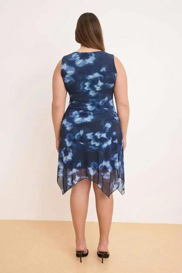 WOVCOR Floral Patterned Tulle Knitted Plus Size Dress