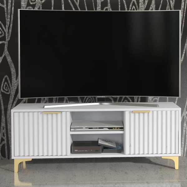 Mex Furniture Bold White 120cm TV Unit with Ribbed Fronts and Gold Accents