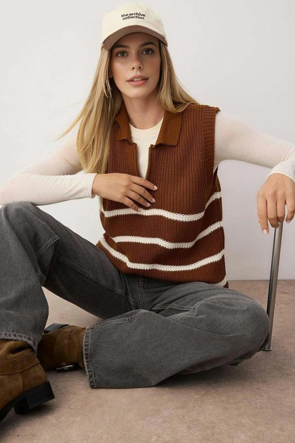 WOVCOR Zippered Striped Polo Neck Knit Sweater