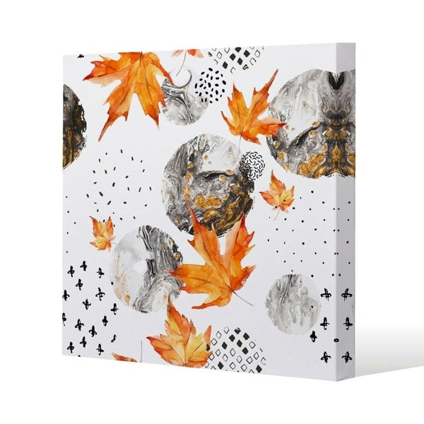 Benjamin Tate Design Maple Leaves & Marbled Circles Slim Style Canvas Print  90x90cm , 15mm Slim Real wood.