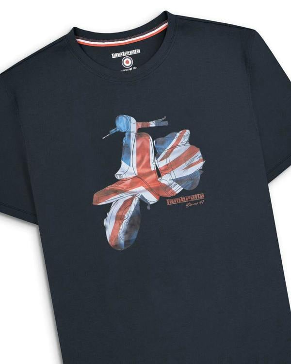 Lambretta Mens Scooter Logo Graphic Mod Ska Casual T-Shirt, featuring a graphic of a vintage scooter with Union Jack design elements.