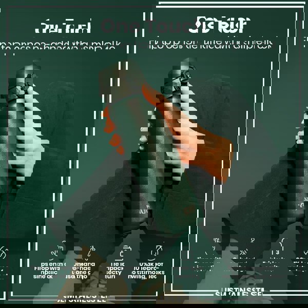 A dark-green ION8 water bottle is held; its flip top opens one-handed. The bottle features triple lock security and is 100% leakproof. The background is a matching dark green.