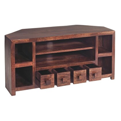Wyld Haus Phuket Dark Mango Wood Corner TV Unit 4 Drawers 6 Shelves