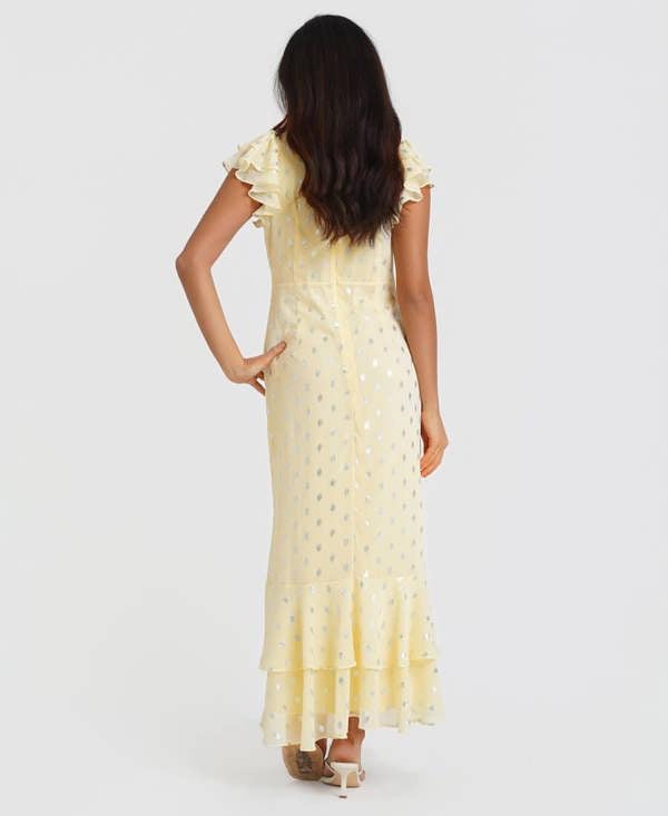 Lemon Flutter Sleeve Foil Midi Dress