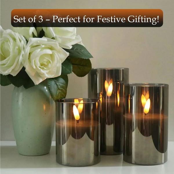 LKH HOME COLLECTION Flickering Glass LED Candles Pack of 3 - Warm White Light Battery Operated Candles with Remote Control
