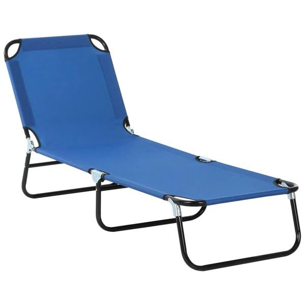 Blue foldable sun lounger with adjustable backrest and black steel frame