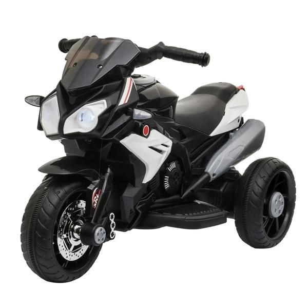 Kids three-wheel electric motorcycle ride-on toy, black with white accents, front lights