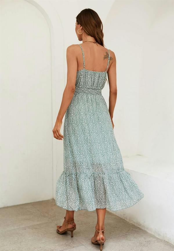 FS Collection Leopard Print Button Detail Strappy Maxi Dress In Green