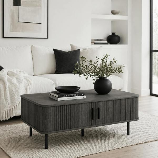 Wyld Haus Yocoma Wooden Grey Wood Effect Rectangular Coffee Table With Tambour Doors