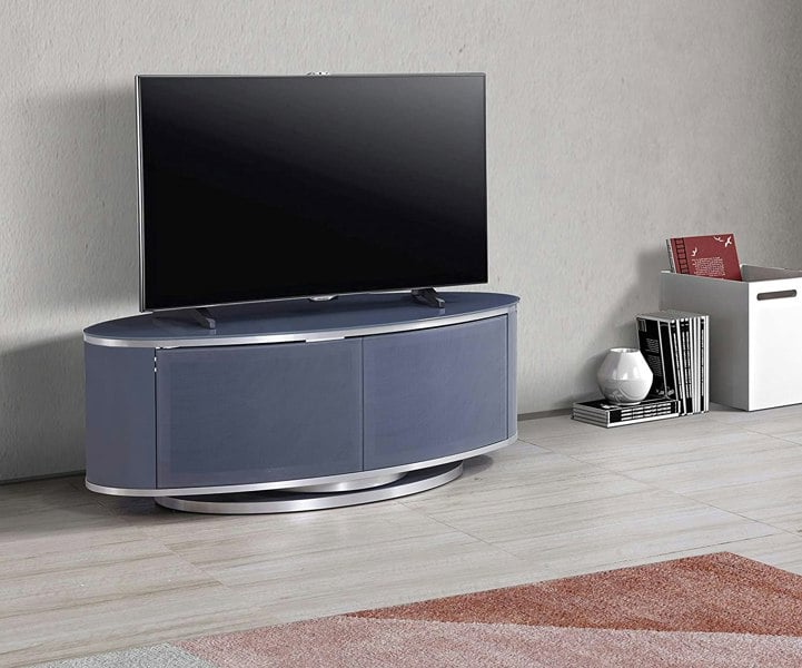 MDA Designs LUNA Grey Oval Cabinet with Grey Profiles & Grey BeamThru Glass Doors Suitable for Flat Screen TVs up to 50"