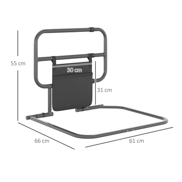 Black folding bed rail with front storage pocket, upright frame and base bar supports.