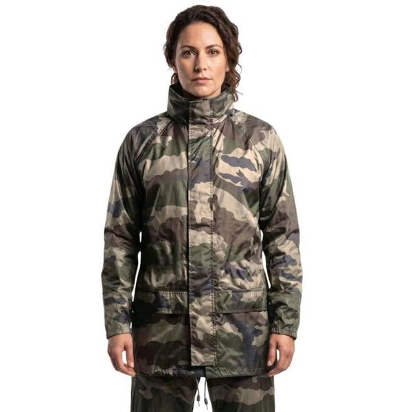 Woman wearing Arctic Storm Orbit waterproof camouflage jacket and trouser set