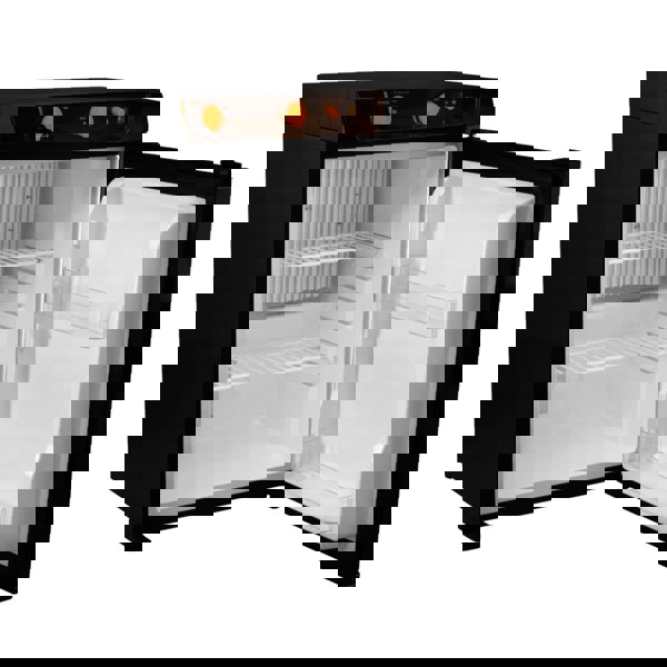 Compact black 3-way absorption fridge with an open door, showcasing adjustable shelves and a clear storage compartment inside