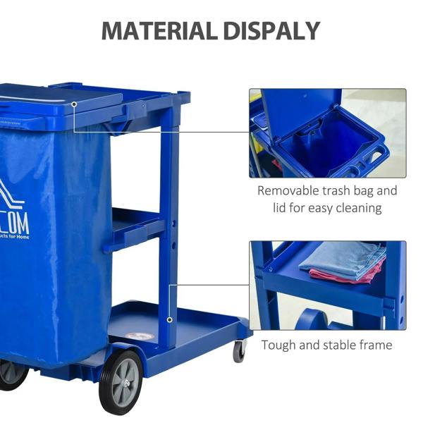 Blue cleaning trolley with removable trash bag, side shelf, and sturdy frame on wheels