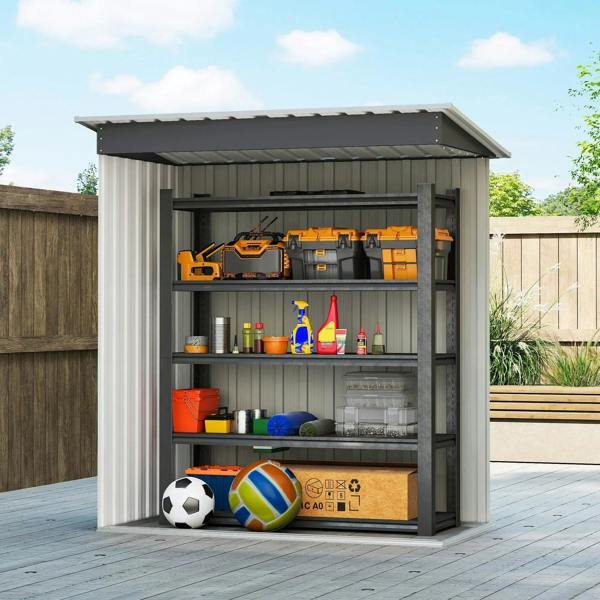 Black metal storage shed with open sliding door and built-in shelving for tools.