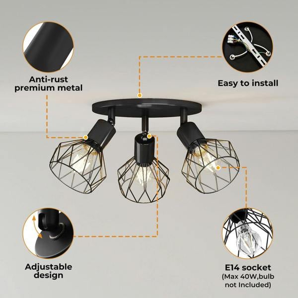 EMITTO 3-Way Spotlight Ceiling Light Adjustable Vintage Black E14 Metal Fixture