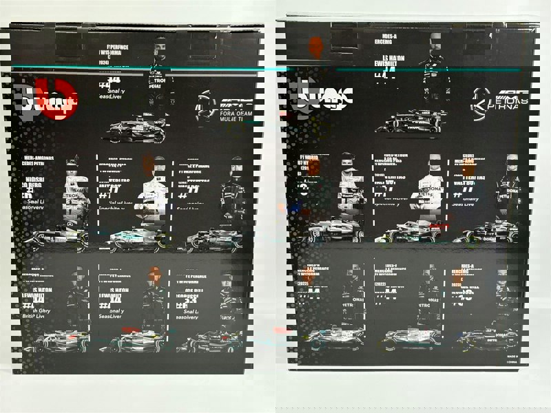 Mercedes AMG Petronas Formula 1 Set of 7 Cars with Display Stand 1:43 Scale Bburago 38170