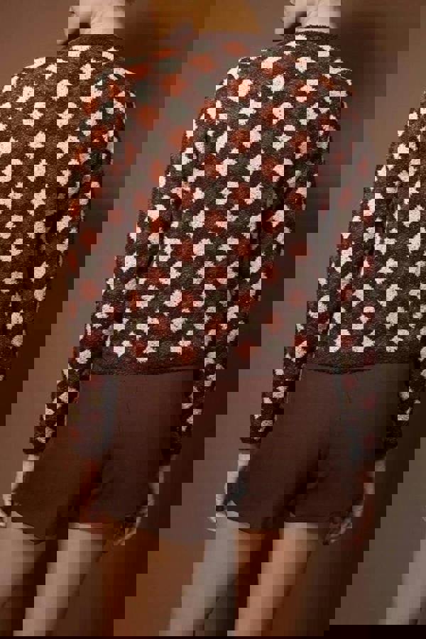 WOVCOR Argyle Patterned Crew Neck Crop Knit Cardigan