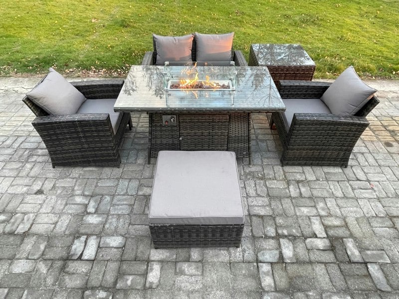 Fimous 5 Seater?Outdoor Rattan Sofa Set Garden Furniture Gas Firepit Dining Table Heater with Big Footstool Side Table Dark Grey Mixed