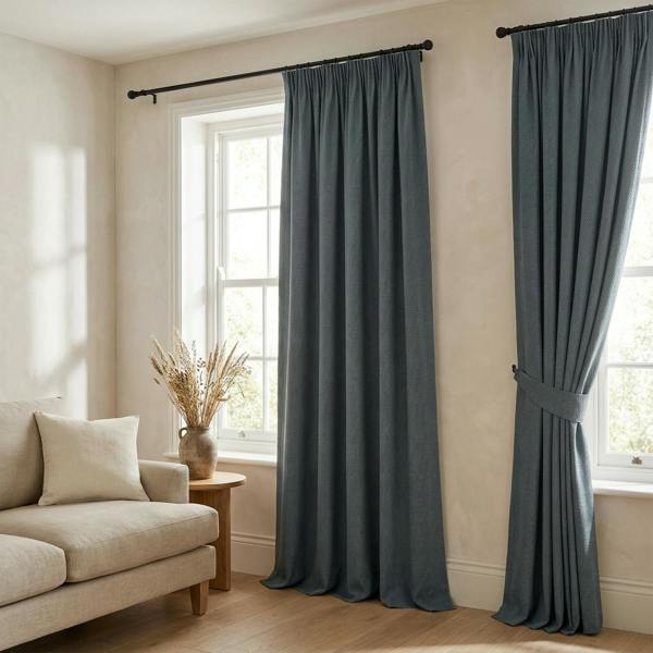 Lisbon made-to-measure curtains in Airforce, styled in a living room