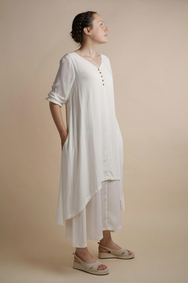 Antonia York White Layered Dress | Chelsea Loose Fitting Dress with Front Button Detail