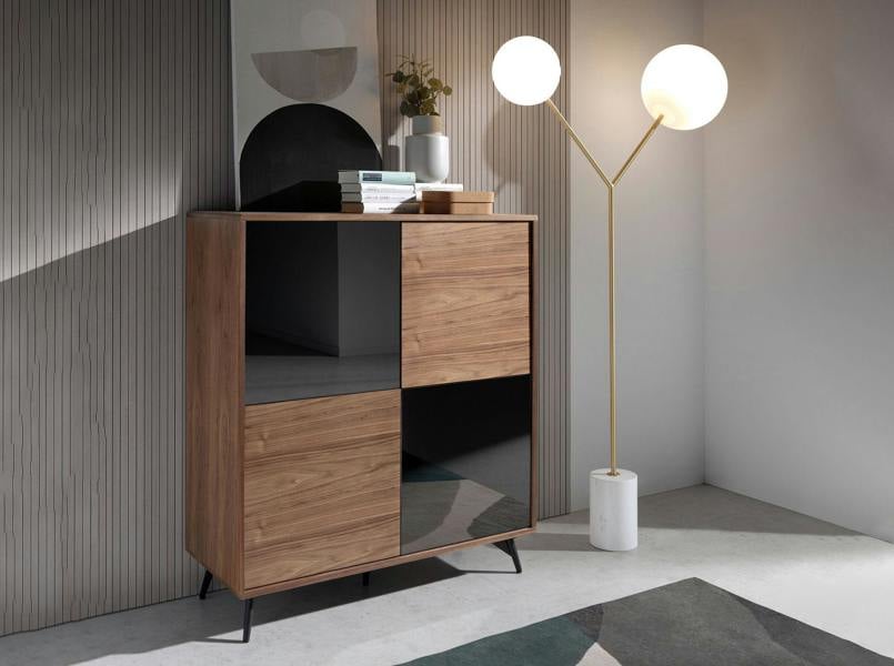 Angel Cerdá Mirror Effect Black Glass, Walnut and Black Steel Tall Sideboard 3059