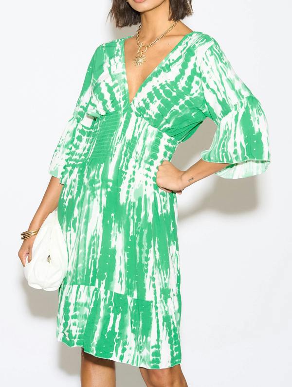 Hoxton Gal Oversized Shirred Waist Flutter Sleeve V Neck Mini Dress with Tie Dye Print Details in White and Green