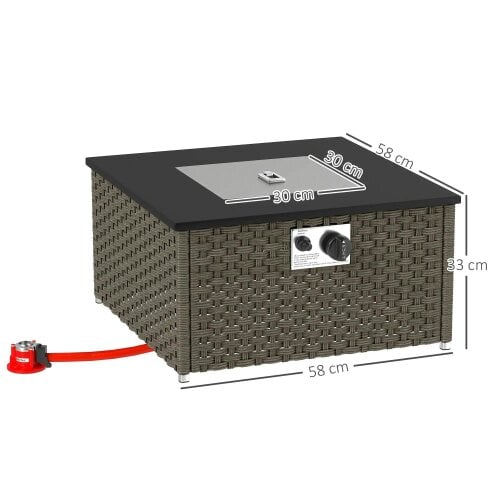 Bobobiy Rattan Gas Fire Pit Table, 13 KW Smokeless Propane Fire Pit with Lid, 58 x 33 cm, Grey, 58 x 58 x 33 cm