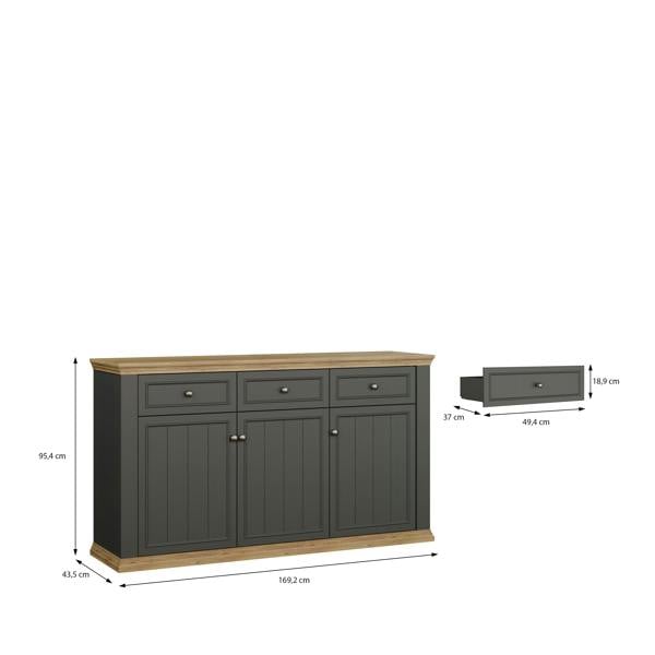 Furniture To Go Pontypool 3 Drawer & 3 Door Sideboard in Grey and Mauvella Oak
