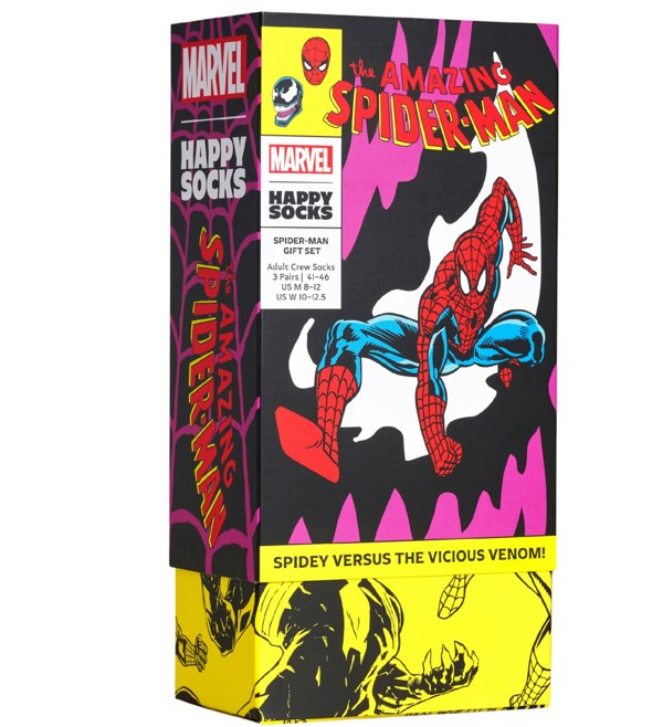Happy Socks 3-Pack Marvel Spiderman Socks Gift Box, Red/Yellow/Navy
