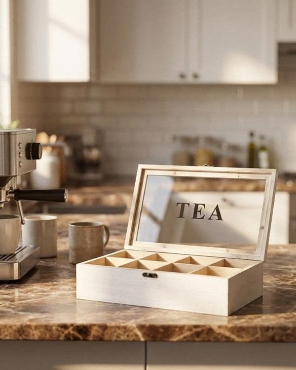 Kitchen counter with a coffee machine, kettle, and wooden tea box.