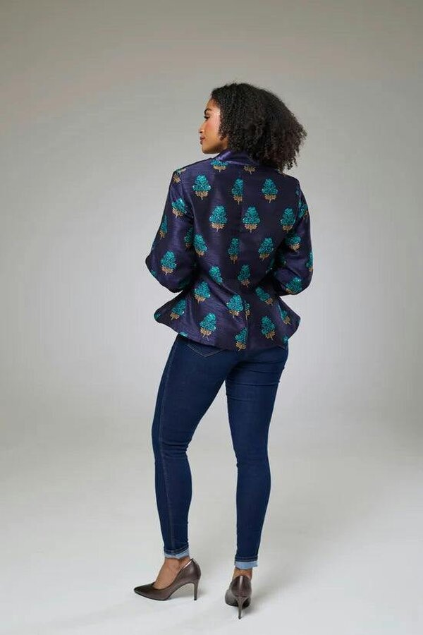 Lioness by TF Aquamarine Embroidered Raw Silk Fitted Jacket Blouse